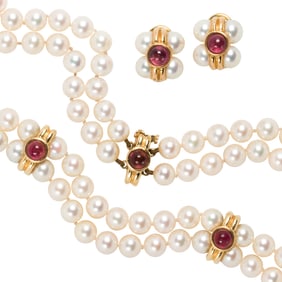 A cultured pearl, tourmaline and 14k gold jewelry suite