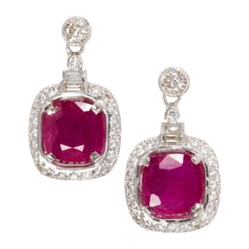 A pair of ruby, diamond and 14k white gold earrings