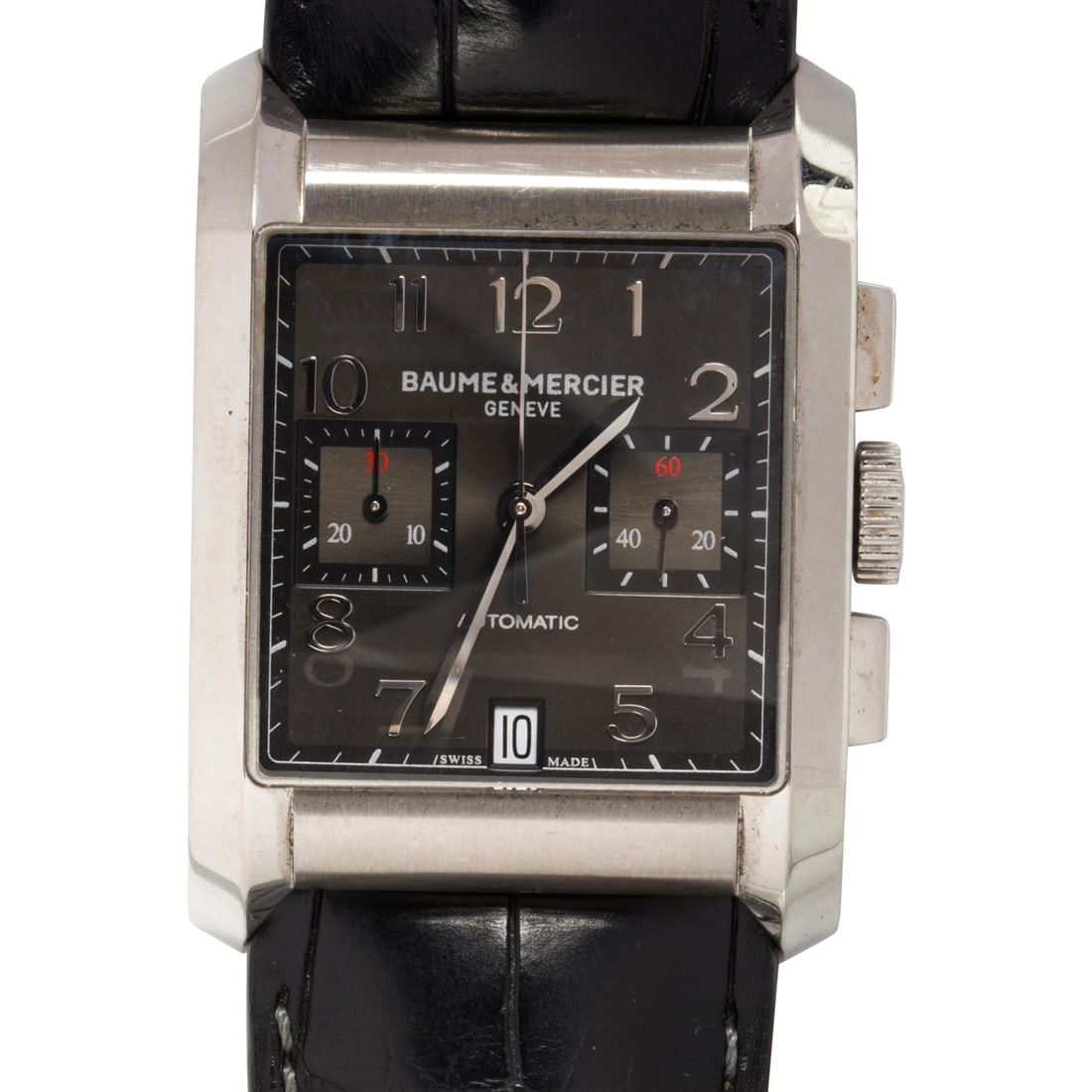 A Baume & Mercier stainless steel Hampton wristwatch: A Baume & Mercier stainless steel Hampton wristwatch the metallic black face, silver tone roman hours, silver tone sword hands, two subsidiary dials, date aperture, within polished stainless steel cas