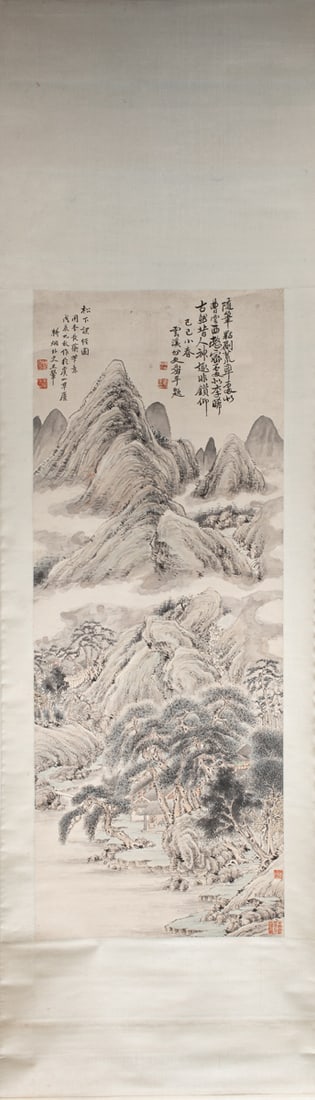 Style of Wang Hui (1632-1717) - Landscape: Style of Wang Hui (1632-1717) - Landscape. Hanging scroll, ink and color on paper, inscribed, signed, bearing with six seals,, 41.25"h x 16"w.