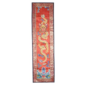 A Chinese coral-red ground embroidered dragon panel
