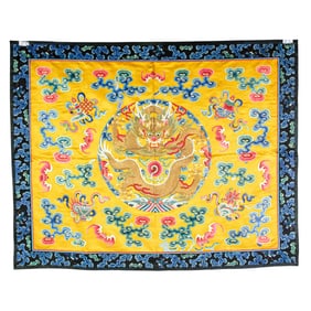 A Chinese yellow-ground embroidered dragon roundel panel