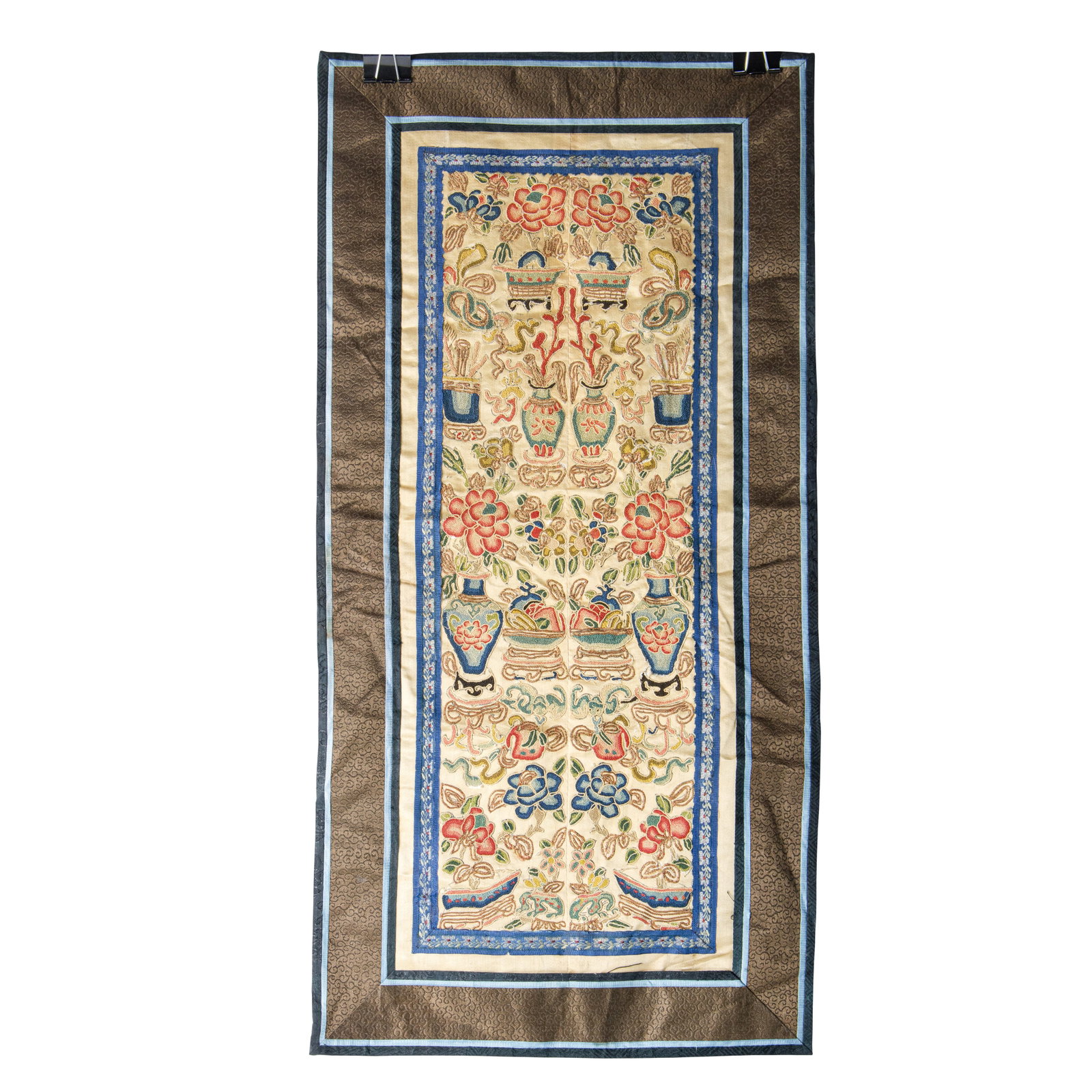 A pair of Chinese embroidered sleeve bands: A pair of Chinese embroidered sleeve bands. Featuring forbidden stitched peaches, bats, floral designs, 26.375"h x 13.25'w.