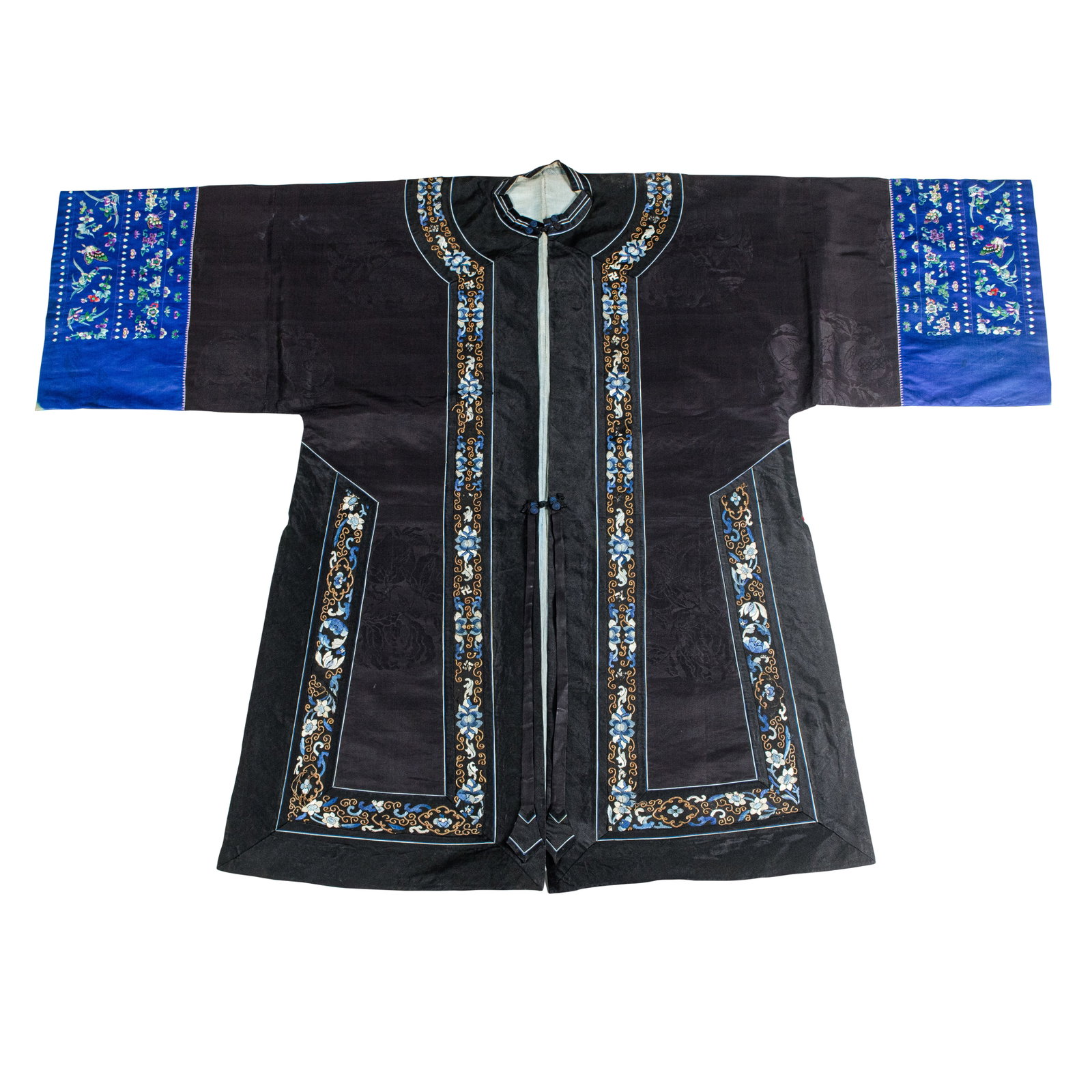 A Chinese black-ground lady's robe: A Chinese black-ground lady's robe. Decorated with a pair of embroidered blue ground sleeve bands and floral borders, late Qing dynasty, 42"h x 54"w.