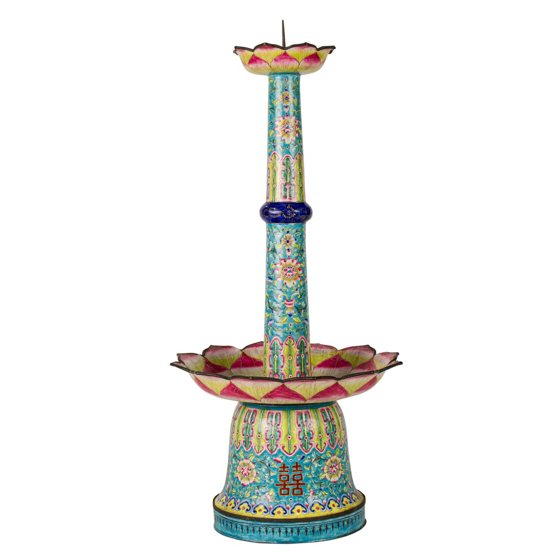 A Chinese canton painted enameled floral design candle holder: A Chinese canton painted enameled floral design candle holder. Featuring double happiness and lotus design, Republic period, 17.5" high.