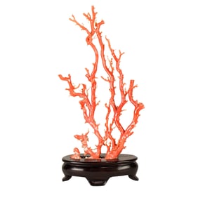 A Chinese red coral branch with stand