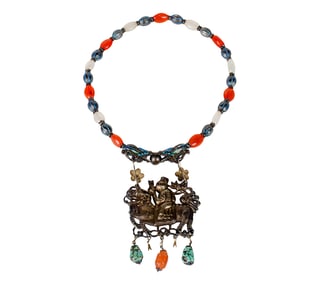 A Chinese silver and glass necklace with a silver pendant
