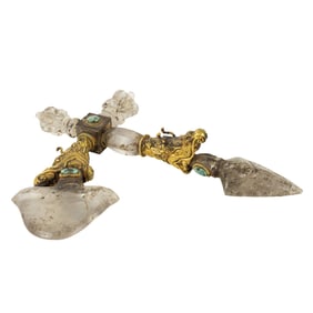 A Tibetan rock crystal double purbha with gilt metal heads with turquoise inlay