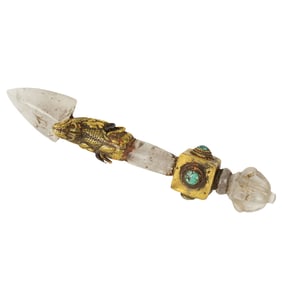 A Tibetan rock crystal purbha with gilt dragon head and turquoise inlay