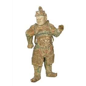 A Chinese polychromed wood standing warrior