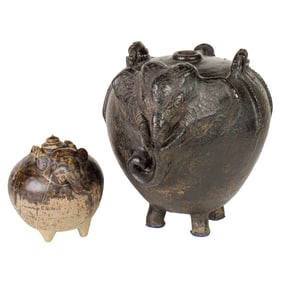 (lot of 2) Cambodian glazed elephant ceramic pots