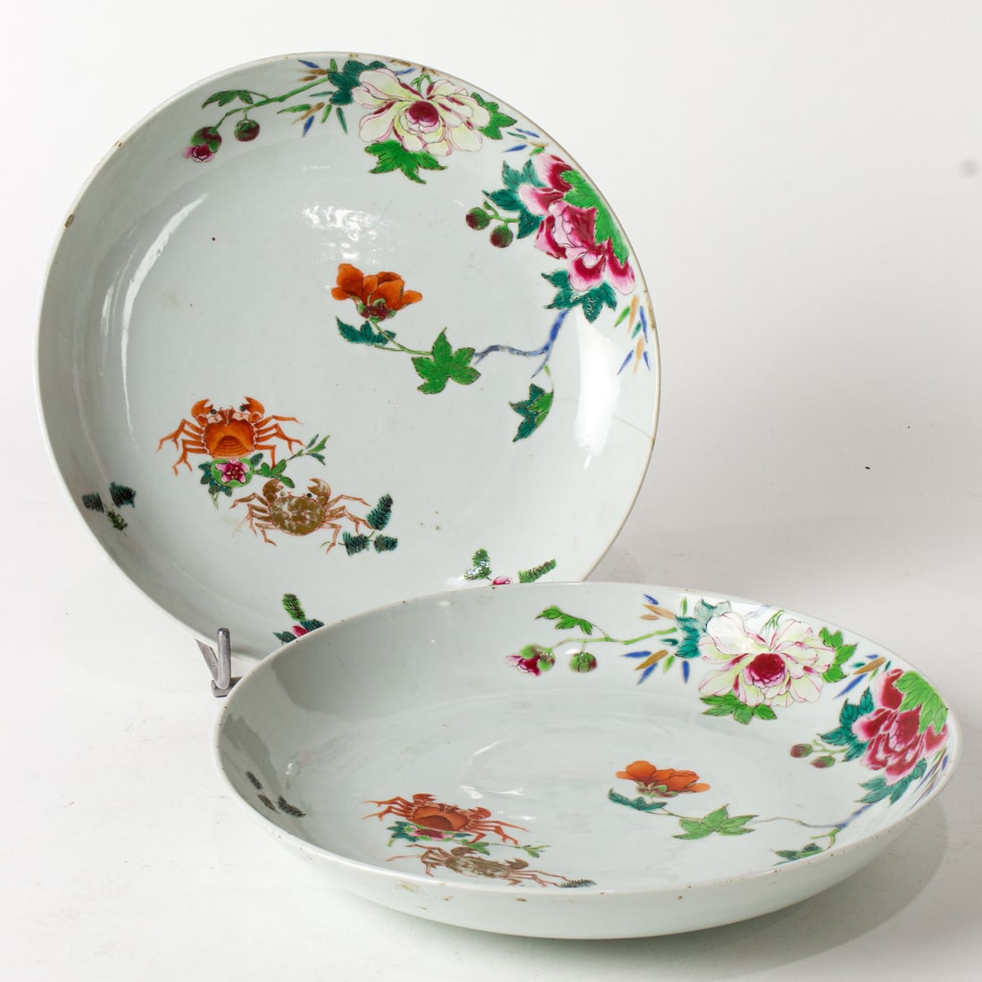 (lot of 3) Chinese famille rose 'crab' plates: (lot of 3) Chinese famille rose 'crab' plates. Decorated with two crabs and peonies, late Qing period, 10.125" across.