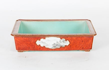 A Chinese faux bois and grisaille painted jardiniere