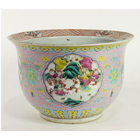 A Chinese famille rose 'warriors' flower pot