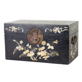 A Chinese black lacquered jeweler box with mother of pearl inlay