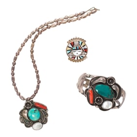 A group of Native American hardstone and silver jewelry including Zuni