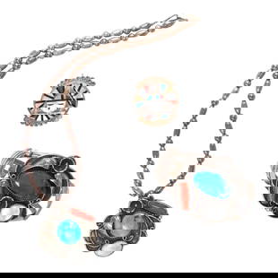 A group of Native American hardstone and silver jewelry including Zuni: A group of Native American hardstone and silver jewelry including Zunicomprising a brooch, bracelet and necklace set with turquoise, coral and mother of pearl; 81.00 gross grams; necklace length: 16