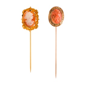 Two cameo and 14k gold stick pins