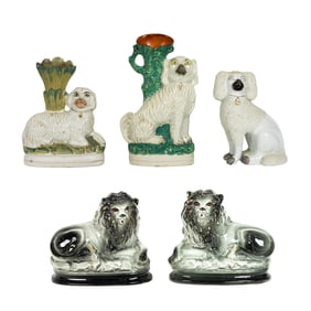 Five Staffordshire or Staffordshire style ceramic dogs and lions