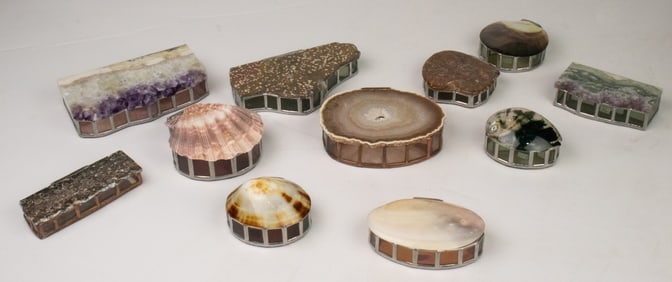 A collection of eleven stone, amethyst and shell mounted boxes