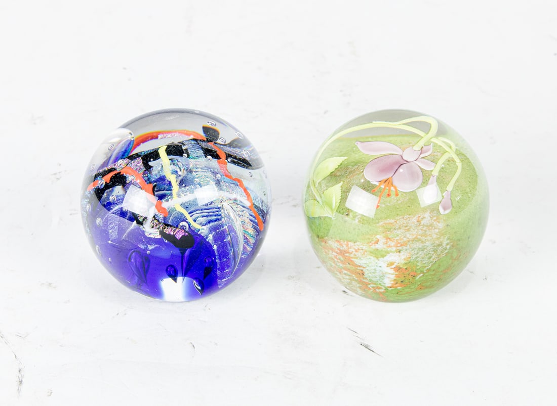 A Bruce Sillars for Orient & Flume paperweight and another: A Bruce Sillars for Orient & Flume paperweight, 1980, together with a Schuster Studio paperweight, greatest 3"dia [2 total]