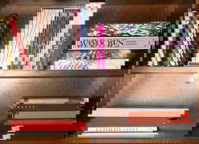 Two shelves of hardcover books on fashion brands and exhibits