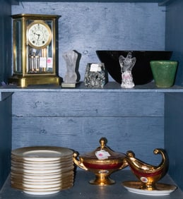 An assembled group of Hutschenreuther porcelain dinner plates and glass articles