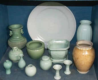 A group of Studio and celadon pottery, including large platter