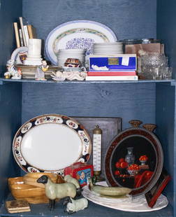 An assembled group of porcelain, glass, wood and metal, including fifty-four piece Wedgwood luncheon: An assembled group of porcelain, glass, wood and metal, including fifty-four piece Wedgwood luncheon service in the 'Runnymede' pattern, (14) lunch plates; (14) saucers; (6) soup bowls and (20) bread