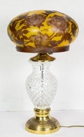 A Galle style cameo glass shade on cut glass lamp base
