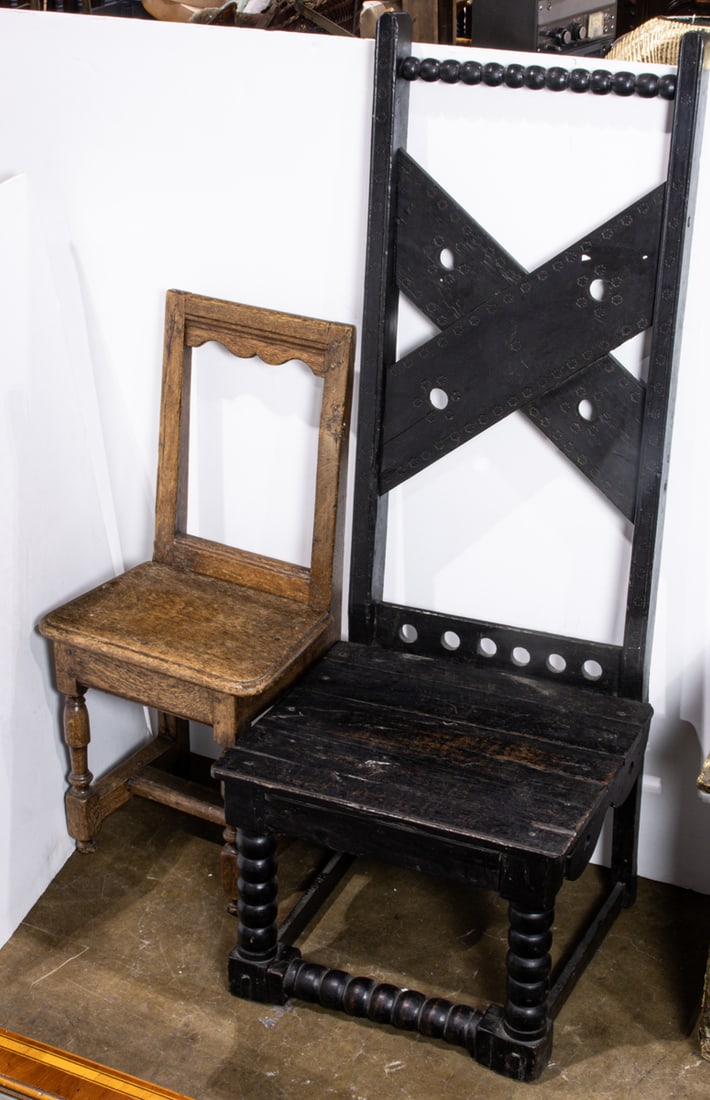 A William and Mary style hall chair and a George I hall chair: A William and Mary style hall chair and a George I hall chair, largest 50"h