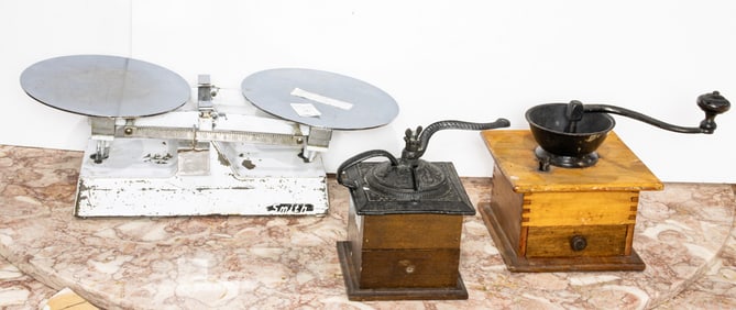 Two kitchen coffee grinders and a Smith balance scale