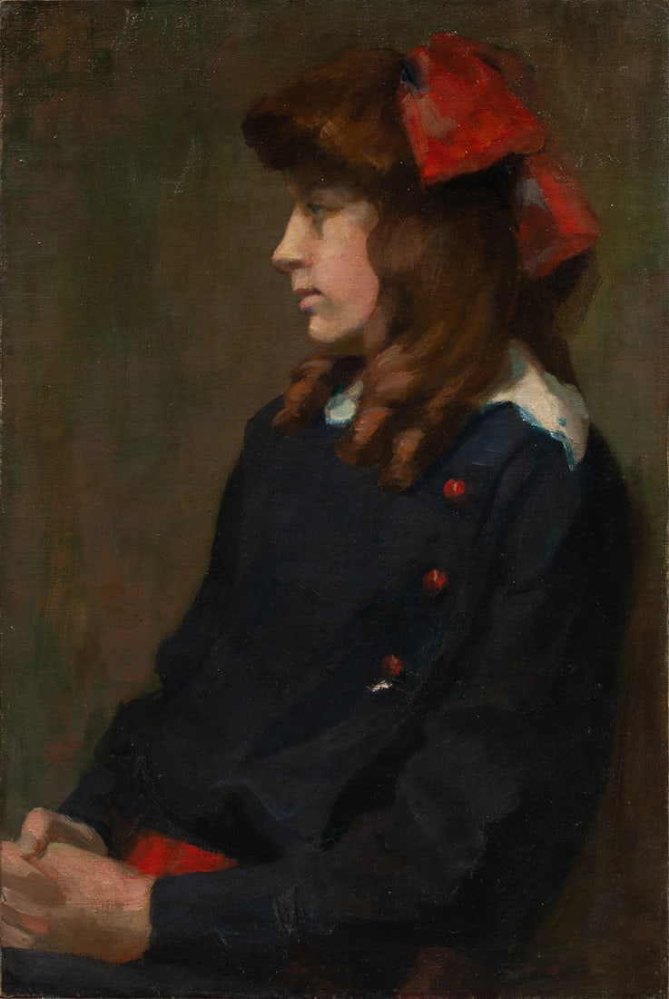 Painting, American School (19th century): American School (19th century), Portrait of a Young Lady with a Red Bow, oil on canvas, initialed "ELF" verso, canvas (unframed): 24"h x 16"w