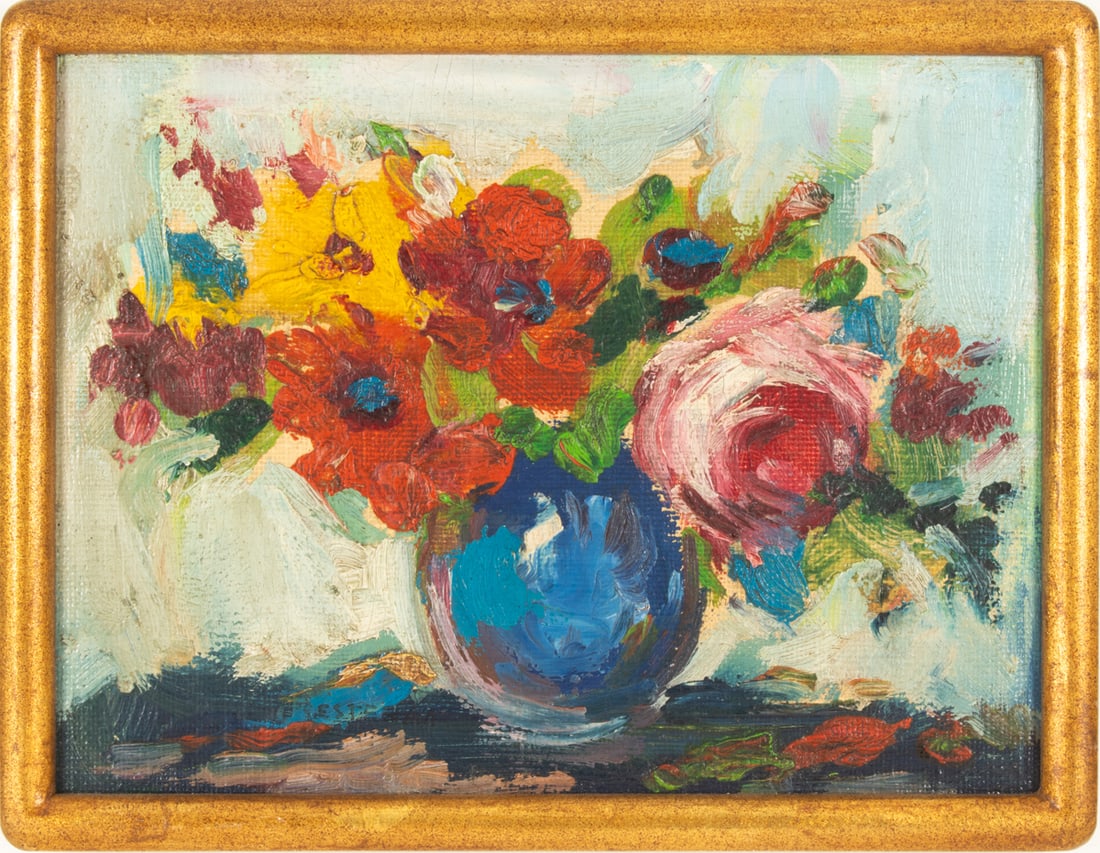 Painting, American School (20th century): American School (20th century), Still Life with Bouquet, oil on canvas affixed to board, unsigned, overall (with frame): 5.5"h x 7.25"w