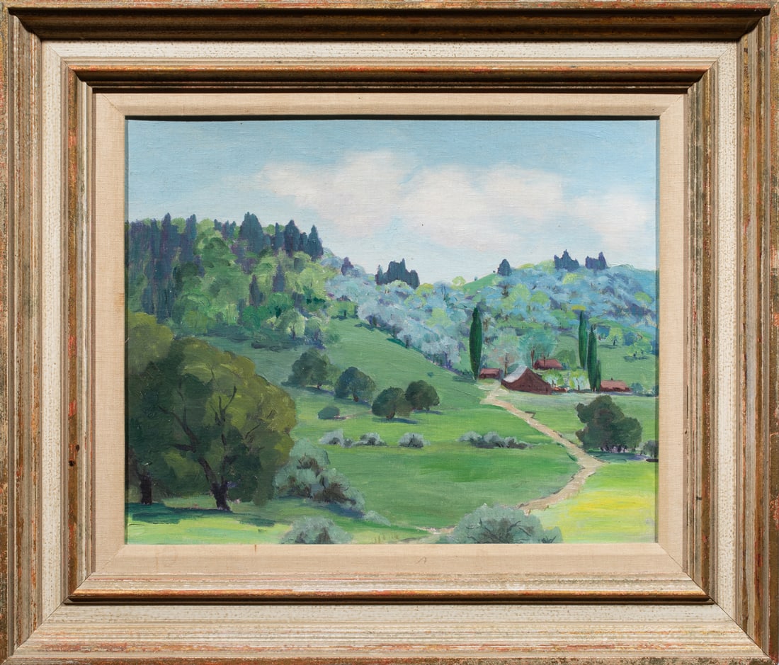 Painting, Esther Eddy Hasting: Esther Eddy Hasting (American, 1876-1953), California Farm in the Hills, oil on canvas affixed to board, signed verso, overall (with frame): 23.5"h x 27.75"w