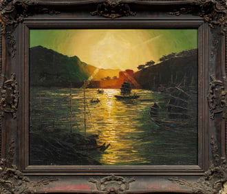 Painting, Taiwanese School, Harbor Sunset with Junks