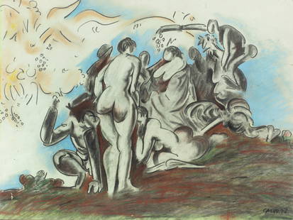 Work on paper, Manuel Calvo: Manuel Calvo (Spanish, b. 1934), Bacchanal, 1973, pastel on paper, signed and dated lower right, sheet (unframed): 18.75" hx 25"w