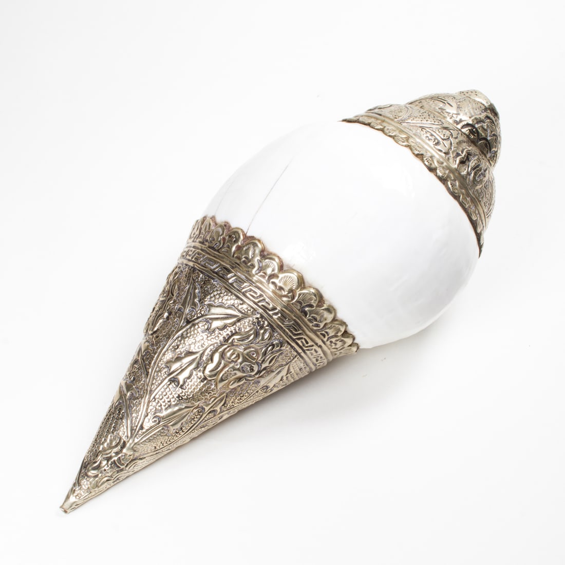 A Tibetan Buddhist ritual silver mounted conch (1 of 2)