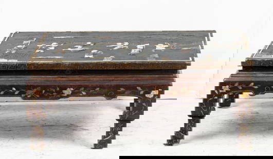 A Chinese mother-of-pearl and stone inlaid lacquered low table: A Chinese mother-of-pearl and stone inlaid lacquered low table. Republic period, 13"h x 32"w. x 19.75"d.