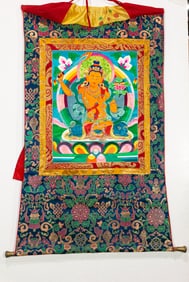 A Tibetan silk applique thangka of Bodhisattva Manjushri