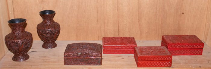 (lot of 6) Chinese cinnabar lacquer objects