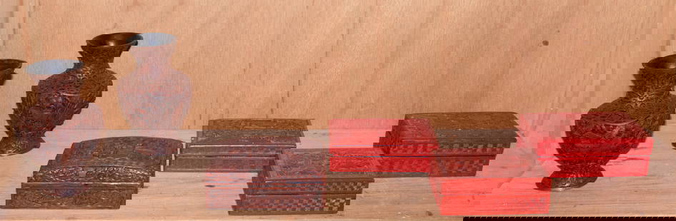 (lot of 6) Chinese cinnabar lacquer objects: (lot of 6) Chinese cinnabar lacquer objects. Four boxes and two vase, 6" widest.