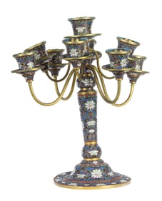 A Chinese champleve enamel candelabra with stand