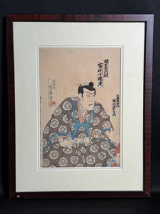 Utagawa Toyosai (Japanese 1828-1940) Woodblock Print: Original Japanese woodblock print by Utagawa Toyosai depicting an actor. Image: 10"h x 15"w (25.4 x 38.1cm); with frame :17"h x 21.5"w (43.18 x 54.61cm) Provenance: From a single private