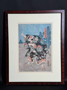 Utagawa Toyokuni (Japanese 1769-1825) Woodblock Print: Original Japanese woodblock print by Utagawa Toyokuni with warrior scene. Image: 10"h x 15"w (25.4 x 38.1cm); with frame: 17"h x 21.5"w (43.18 x 54.61cm) Provenance: From a single private