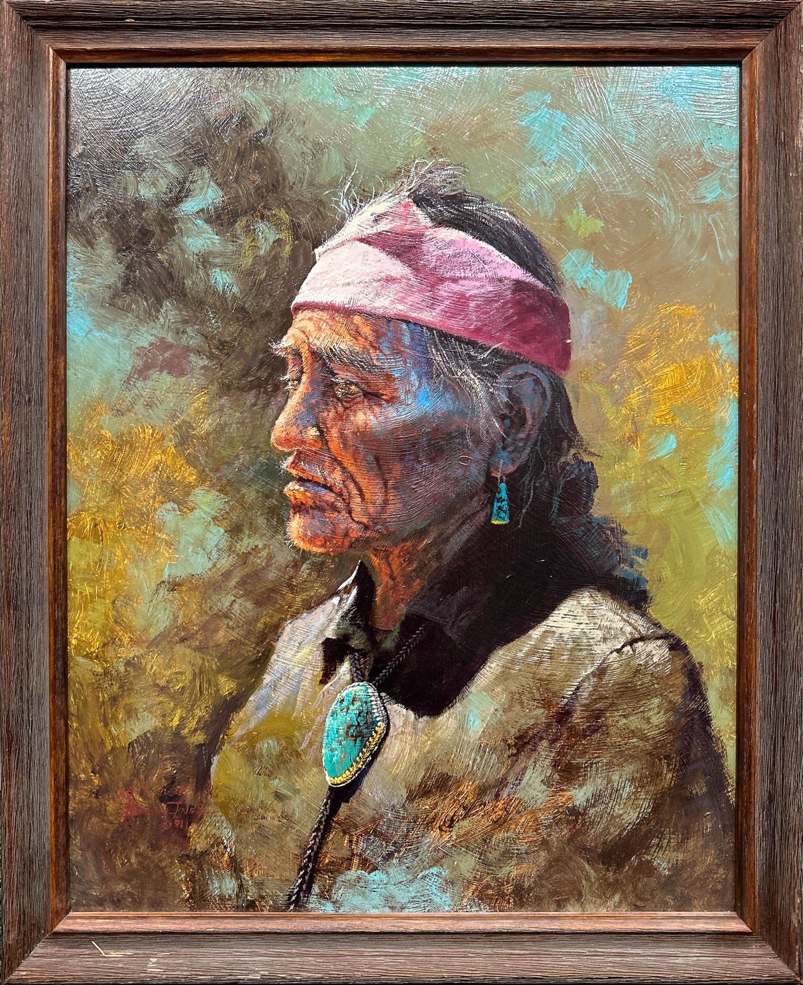 Painting, Western American School : Western American school, Portrait of a Native Elder, oil on canvas, signed lower left, image: 23.43"h x 18.5"w (59.5 x 47 cm), overall (with frame): 27.17"h x 22.44"w (69 x 57 cm) NOTE: THIS ITEM IS I