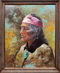 Painting, Western American School : Western American school, Portrait of a Native Elder, oil on canvas, signed lower left, image: 23.43"h x 18.5"w (59.5 x 47 cm), overall (with frame): 27.17"h x 22.44"w (69 x 57 cm) NOTE: THIS ITEM