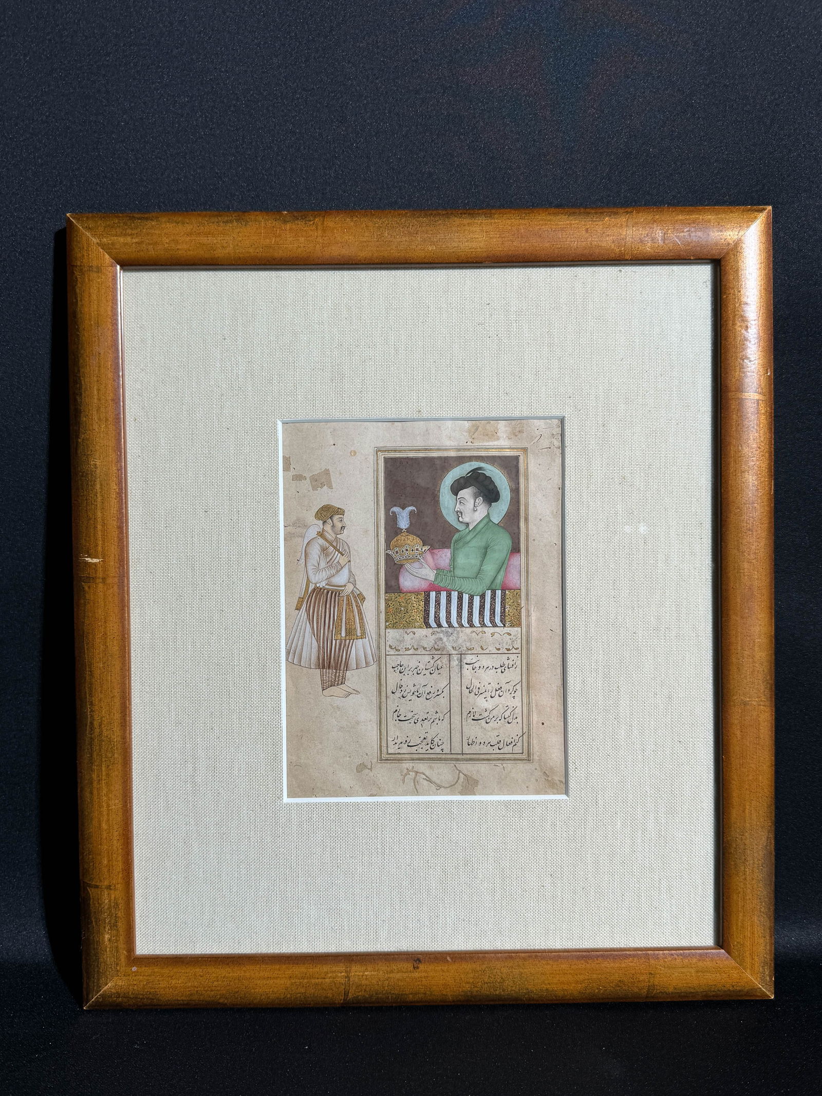 Persian Antique Miniature Painting of Prince: Persian miniature painting of prince and attendant. Image: 5.25"h x 6.75"w (13.34 x 17.15cm); with frame :12.5"h x 14.25"w (31.75 x 36.2cm) Provenance: From a single private collection in Connecticut.