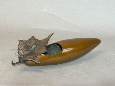 Japanese Bronze Ikebana with Insect on Leaf Design