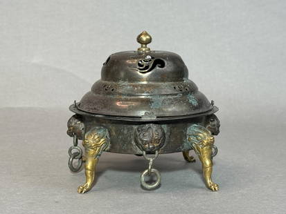 Early Japanese Bronze Censer with Gilt: Early Japanese bronze censer with gilt leg, lion mask handle with loose rings. 5.6"h x 5.8"dia (14.22 x 14.73 cm) Provenance: From a single private collection in Connecticut. NOTE: THIS ITEM IS IN NEW